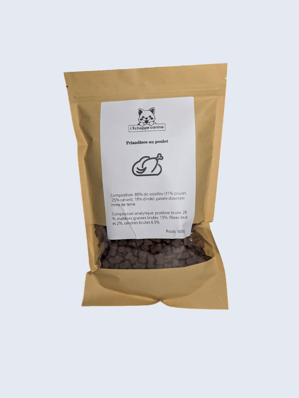 Des friandises tendres et protéinées au poulet, parfaites pour l'éducation ou en récompense.