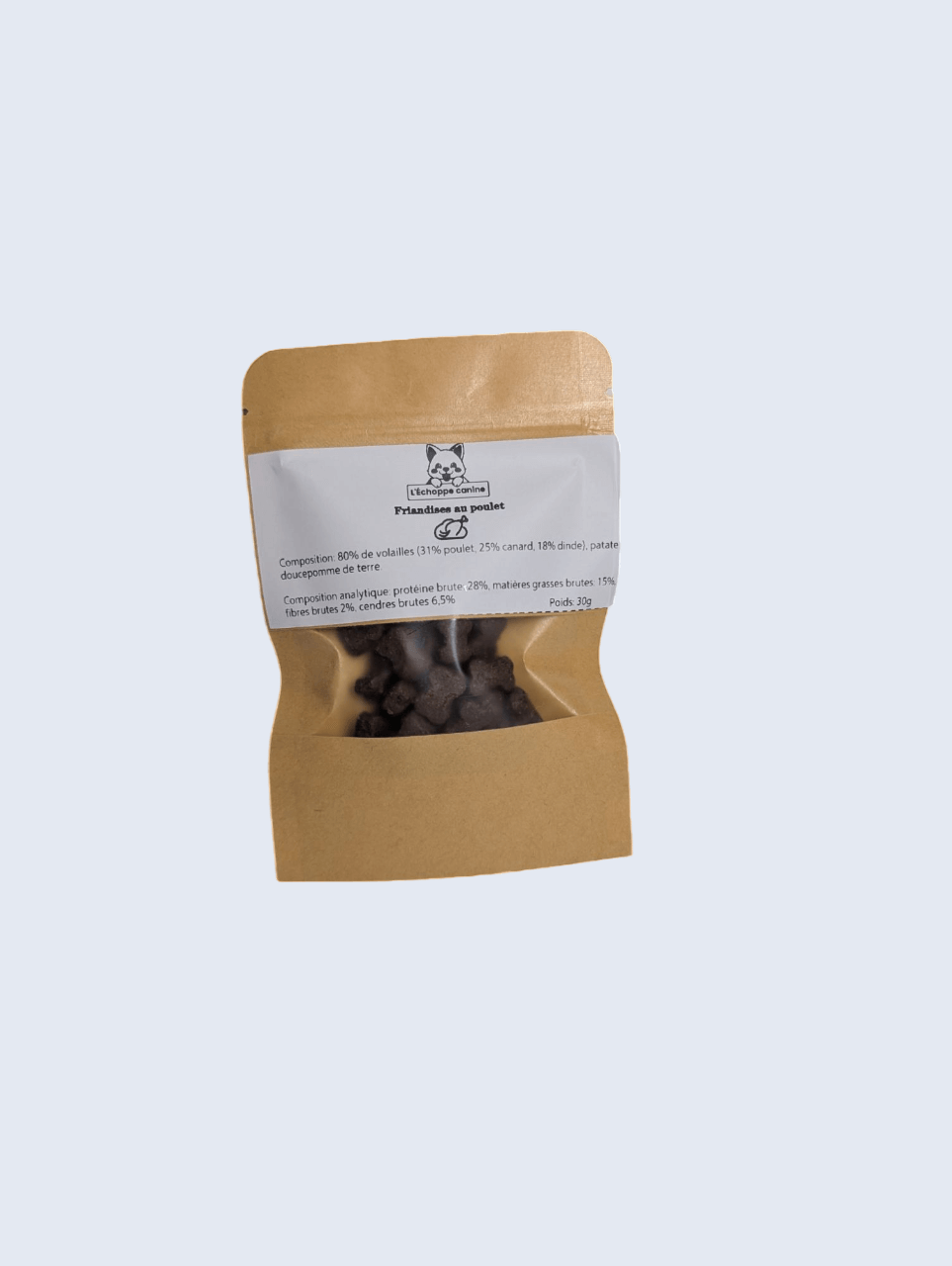 Des friandises tendres et protéinées au poulet, parfaites pour l'éducation ou en récompense.