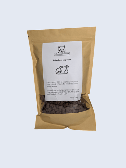 Des friandises tendres et protéinées au poulet, parfaites pour l'éducation ou en récompense.